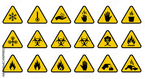 Collection of hazard warning signs in yellow triangles, including biohazard, fire, and cold.