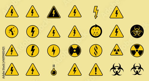 Collection of warning signs, including electricity, biohazard, and radiation symbols.