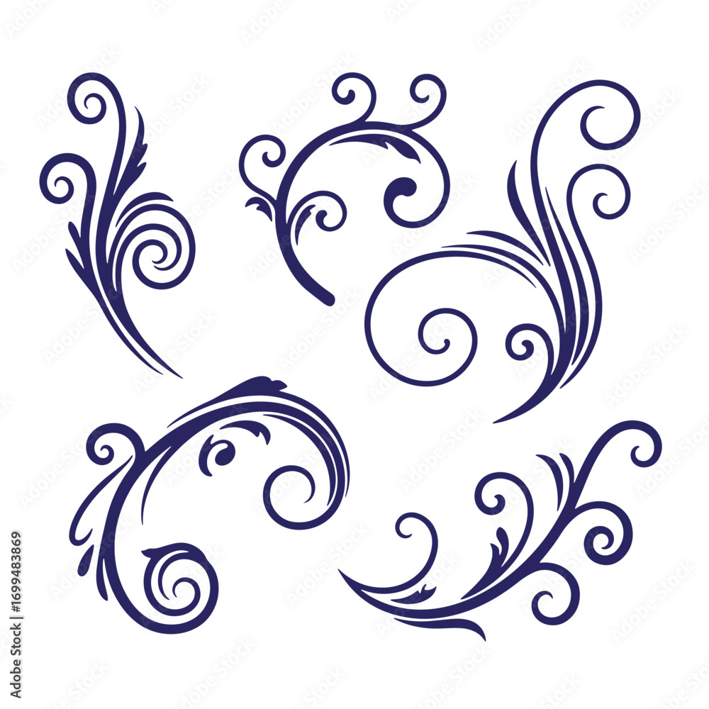 Fototapeta premium Elegant collection of decorative floral swirls and flourishes in dark blue design elements