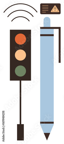 Traffic light with wireless signals, blue pen, and warning notification. Ideal for traffic control, technology, communication, warnings, innovation education and smart tools. Simple flat metaphor