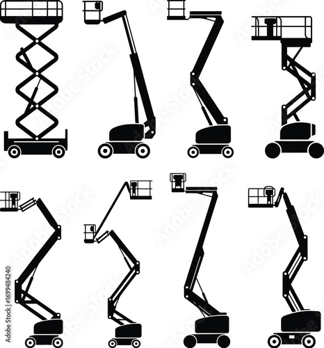 Aerial work platform silhouettes, mobile elevating work platforms, scissor lift, boom lift, articulating lift, telescopic lift, black white industrial illustration
