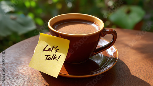 A brown cup filled with coffee sits on a wooden table with a yellow sticky note reading 