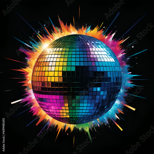 Colorful disco ball explosion in dark space