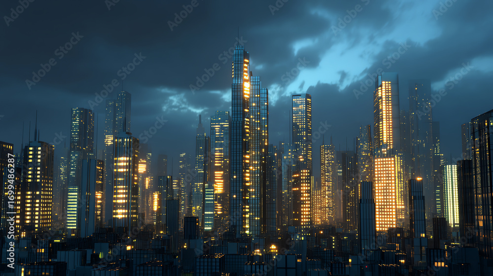 custom made wallpaper toronto digitalFuturistic cityscape at night with towering skyscrapers illuminated by numerous glowing windows under a cloudy sky, showcasing advanced urban architecture and vibrant city life