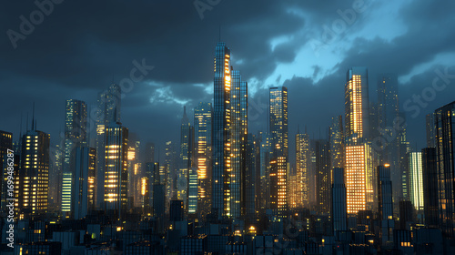 Wallpaper Mural Futuristic cityscape at night with towering skyscrapers illuminated by numerous glowing windows under a cloudy sky, showcasing advanced urban architecture and vibrant city life Torontodigital.ca