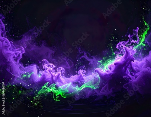 Dark Halloween Background with Purple Smoke and Neon Green Sparks