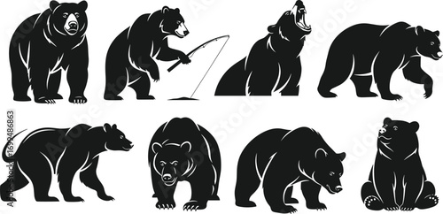 Flat vector illustration of black bear in various poses, fishing, roaring, walking, sitting, wild animal silhouette, forest wildlife, strong nature animal icons