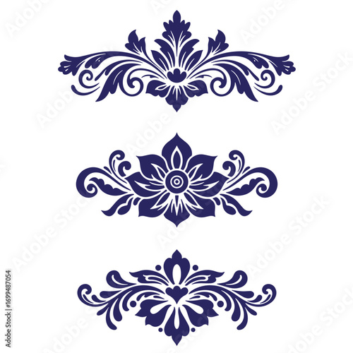 Elegant decorative floral vector elements in dark blue for design and creative projects