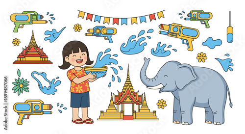 Joyful celebration of songkran festival with water guns and elephants a cultural event