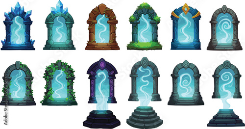 Fantasy magic portal set vector illustration, glowing teleport gates for game design, mystical doorway icons, cartoon magical entrance collection.