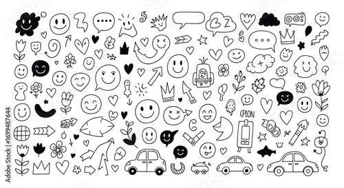 Collection of hand drawn doodle icons featuring smiley faces hearts plants clouds and vehicles perfect for graphic design projects