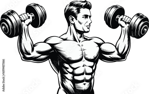Muscular man doing dumbbell shoulder press exercise, strong male bodybuilder training arms, chest, shoulders, fitness workout gym strength, black white illustration