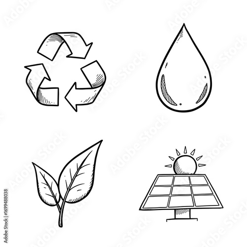 Recycling arrows, water drop, leaf, and solar panel, hand-drawn simple eco icons, minimal sketch style, white background