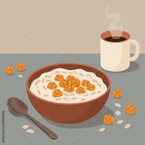 Creamy porridge with cloudberries in warm Scandinavian cozy aesthetic, minimalist vector-style illustration with flat shapes, rounded corners, and soft layered forms for a serene and comforting mood