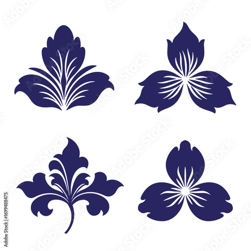 Elegant floral vector designs featuring detailed leaf and flower arrangements in dark blue