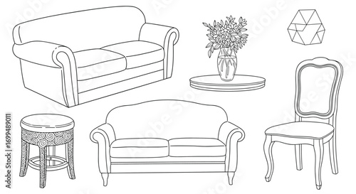 A collection of elegant living room furniture items including sofas chairs and decorative tables arranged artistically