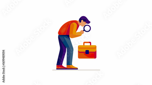 Person examining briefcase with magnifying glass