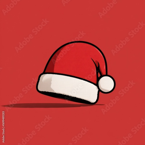 Bright red Santa hat with white trim placed against a vivid red background for festive decoration