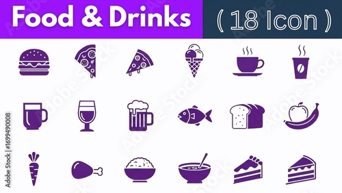 Collection of food and drink icons isolated on white background