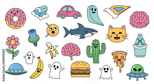 A vibrant collection of quirky retro pixel art icons featuring food animals and objects