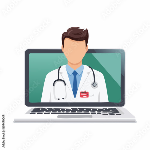 A smiling, handsome physician in a white coat stands with a stethoscope, working on a laptop in a hospital clinic