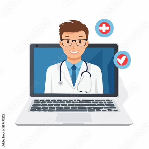 A female doctor in her office works on a laptop computer, using a stethoscope and other medical technology