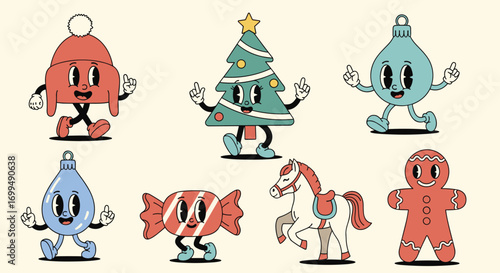 Retro christmas characters adorable festive decorations merry holiday season fun
