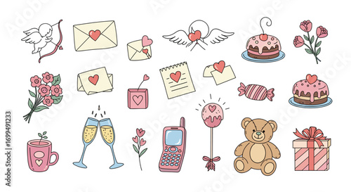 Charming hand drawn valentine's day illustrations of love romance and sweet gifts for cards and decorations