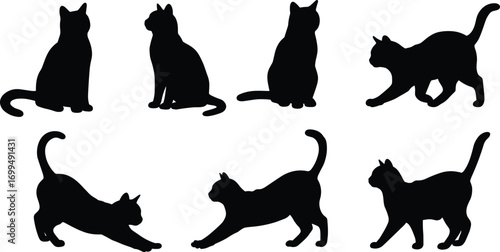 Set of Black Cat Silhouette Vector Illustrations Featuring Various Poses Including Sitting, Walking, Stretching, Playing, and Looking Around
