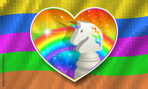 Vector sticker or icon of love, heart and rainbow. Chess 3D knight, unicorn. Volumetric figure of horse. Starry and sparks. Colorful iridescent pixels