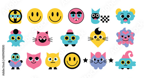 A collection of whimsical pixelated characters and smiley faces in a playful design arrangement