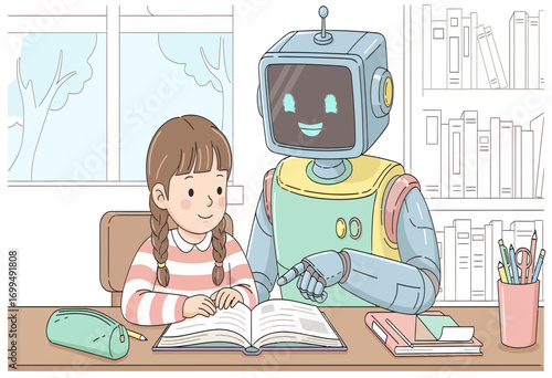 Smiling young girl getting help with her homework from a friendly AI tutor robot, illustrating the future of education and learning technology