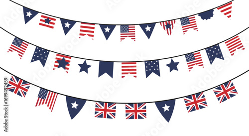 Festive bunting featuring american and british flags for celebrations and patriotic events