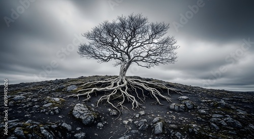 Lonely tree with exposed roots on rocky ground under a dramatic sky.