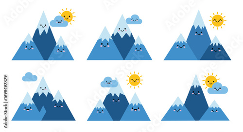 Collection of adorable cartoon mountain ranges with expressive faces and sunny skies