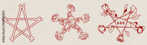 Set of occult pentagram symbols with bones, roses