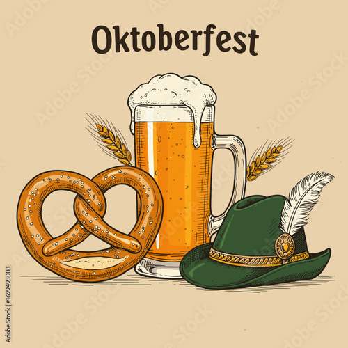 Pretzel, beer stein, and alpine hat, hand-drawn vector, Oktoberfest traditional celebration