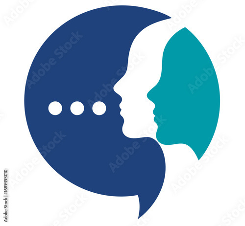 Abstract logo with human profiles inside speech bubble, symbolizing dialogue, mediation and conflict resolution through communication, cooperation, psychology, teamwork and problem solving
