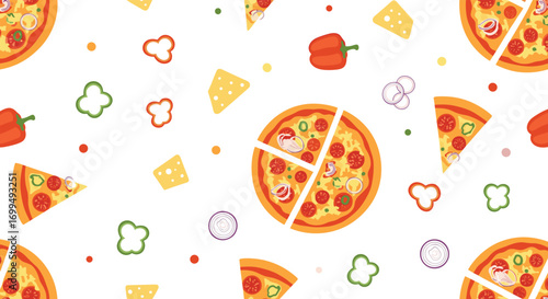 A delightful pixel art pattern featuring sliced pizzas and fresh ingredients for a fun food theme