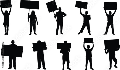 Black silhouette people holding blank protest signs, demonstration, activism, social movement, rally, political protest, crowd, advocacy, freedom, expression, human rights