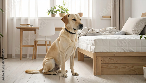The expression of a dog guarding the bedroom area. A cute alert position.
