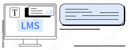 Desktop with LMS software, text editing, and multimedia tools. Ideal for e-learning, education, virtual training, digital resources, content creation, knowledge sharing simple flat metaphor