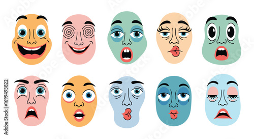 A vibrant collection of expressive cartoon faces demonstrating diverse emotions and reactions