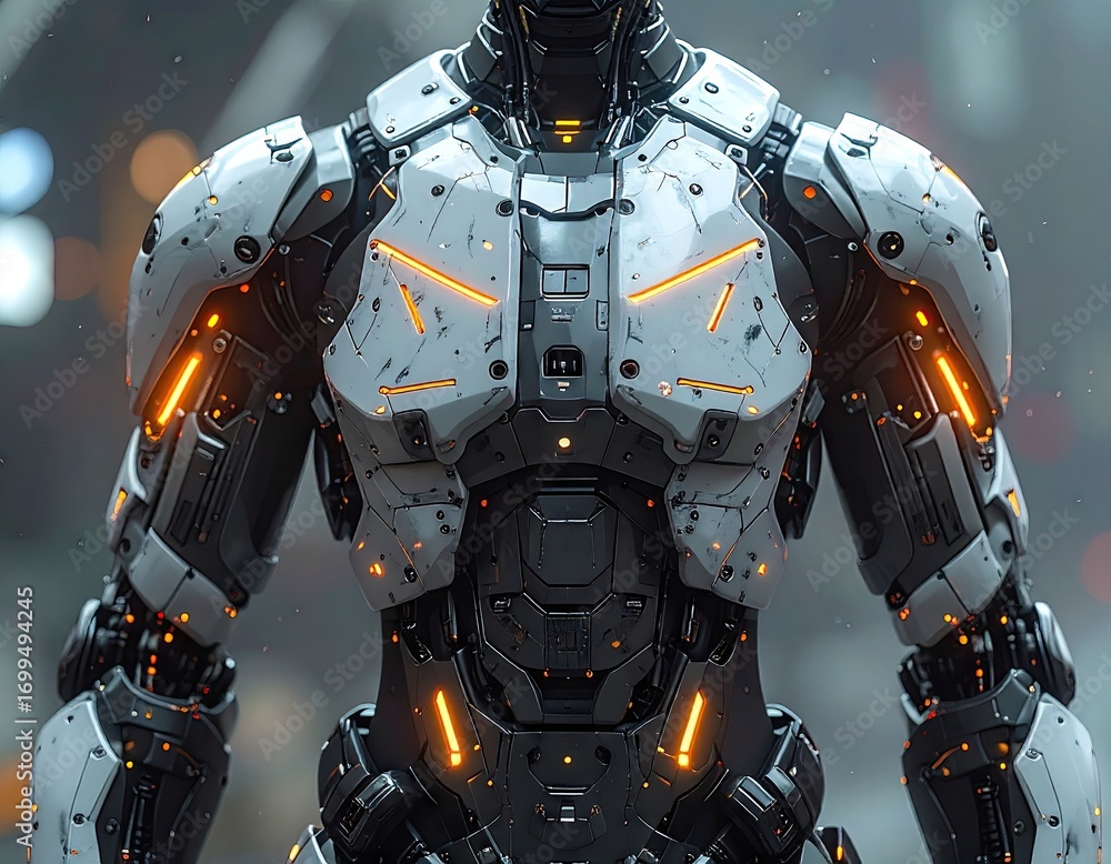 Fototapeta premium Cyborg Torso with Mechanical Fingers and Holographic Display