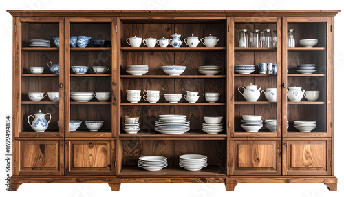 Classic style display cabinet with ceramic dishes for stylish interiors isolated on a transparent or white background, cut-out, PNG