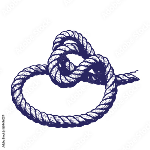 Hand drawn illustration of a decorative knot made with thick navy blue rope