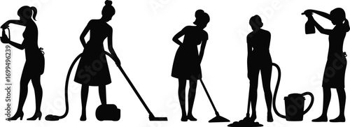 Silhouette of women cleaning house, vacuuming, mopping, spraying, domestic chores, housekeeping, home maintenance, professional cleaning, household tasks, cleaning activities, hygiene, tidy home