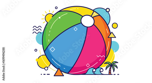 Vibrant beach ball illustration capturing joyful summer recreation activities outdoors by the ocean