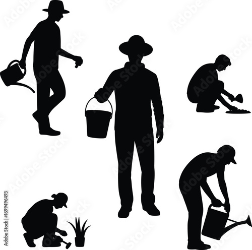 Silhouettes of gardeners working with tools and watering cans, farming and planting activities, outdoor garden care, black vector illustration