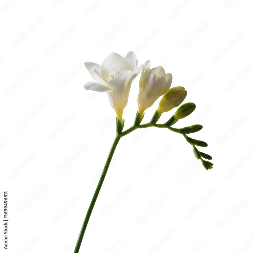 Obraz premium Delicate white freesia blooms with green stems and budding sprigs isolated on white background
